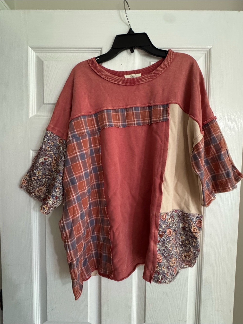 Easel Patchwork Short-Sleeve Tunic in Rust, Cream and Blue Plaid